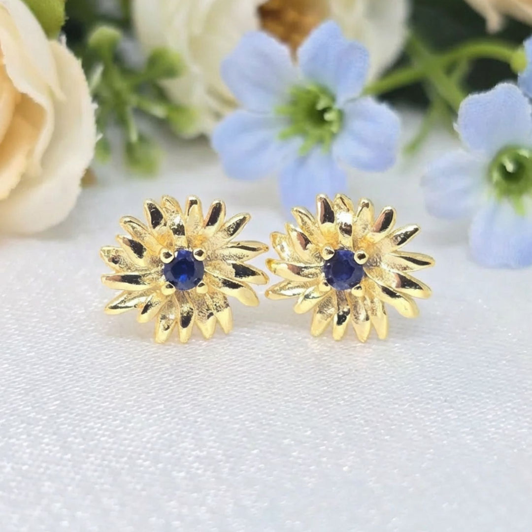 Sapphire September Birthstone Aster Birthflower Gold Plated Stud Earrings