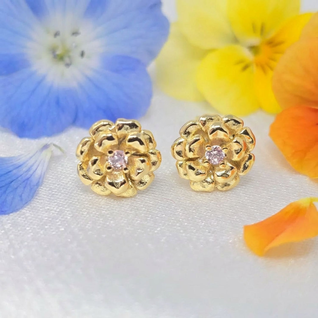 Pink Toumaline October Birthstone Marigold Birthflower Gold Plated Stud Earrings