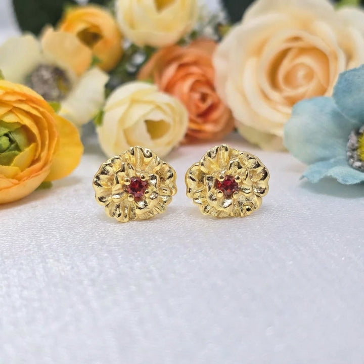 Garnet January Birthstone Carnation Birthflower Gold Plated Stud Earrings