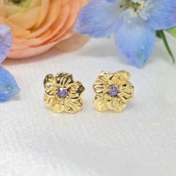 Amethyst February Birthstone Violet Birthflower Gold Plated Stud Earrings