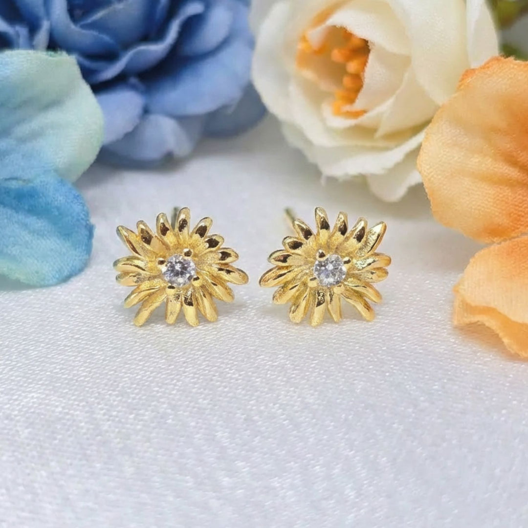 White Topaz April Birthstone Daisy Birthflower Gold Plated Stud Earrings
