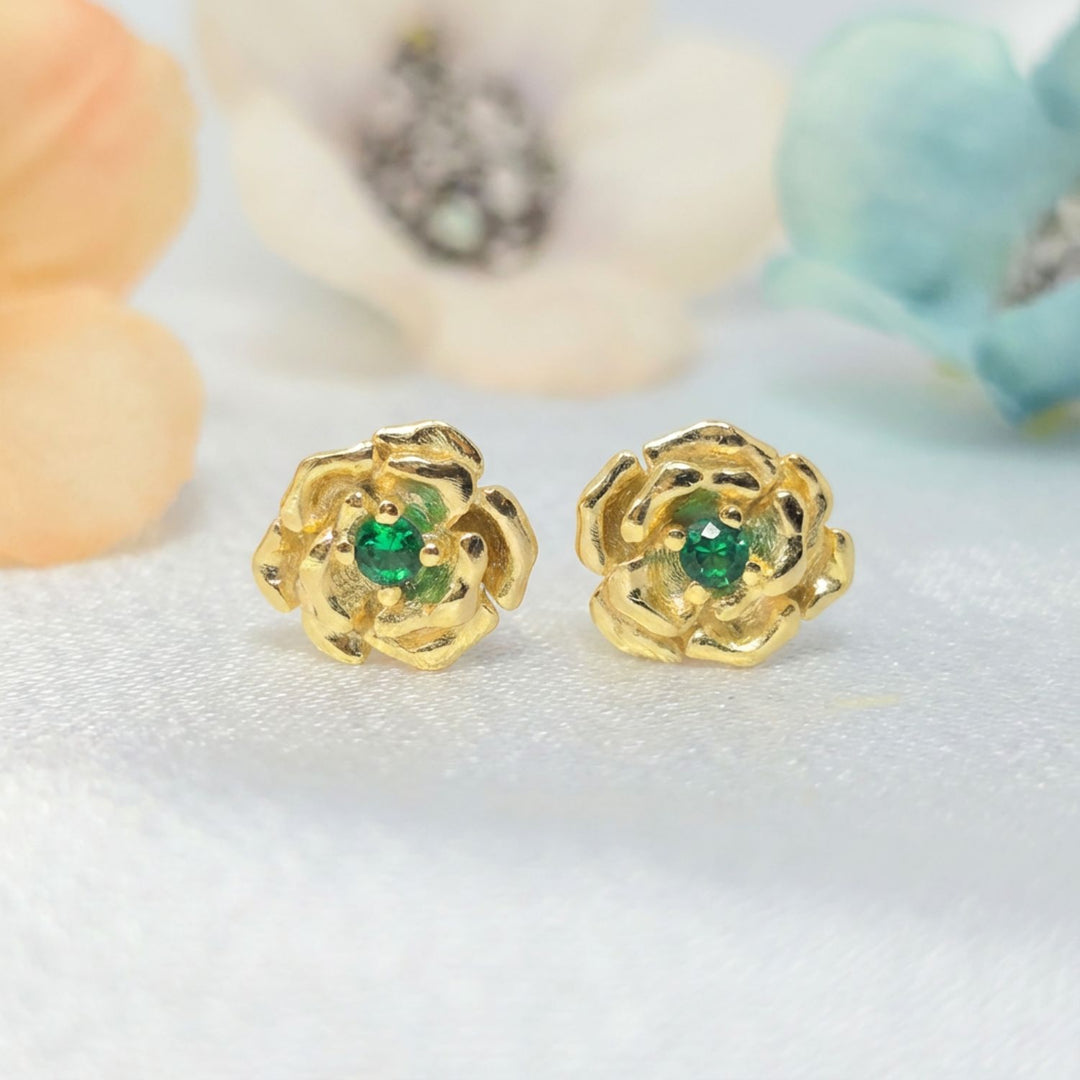 Emerald May Birthstone Hawthorn Birthflower Gold Plated Stud Earrings
