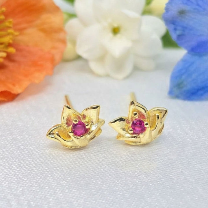 Ruby July Birthstone Larkspur Birthflower Gold Plated Stud Earrings