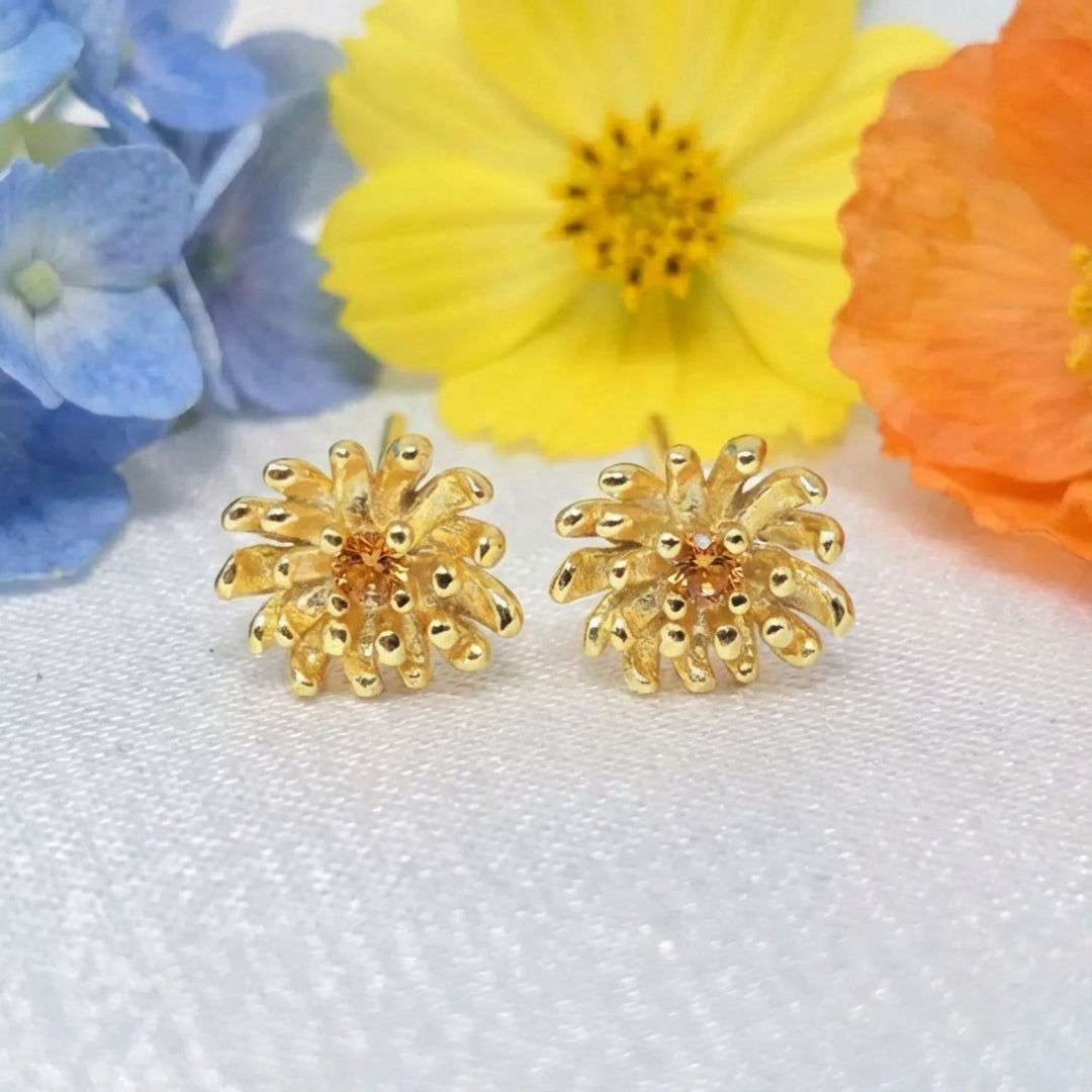 Citrine November Birthstone Chrysanthemum Birthflower Gold Plated Stud Earrings