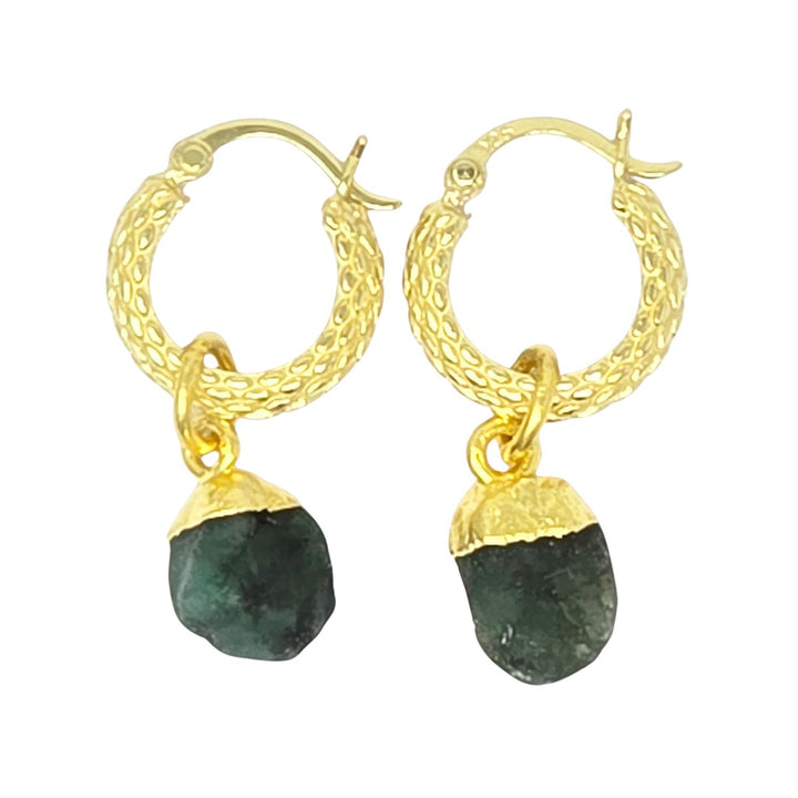 Raw Emerald May Birthstone Huggie Hoops Gold Vermeil Plated Gemstone Earrings