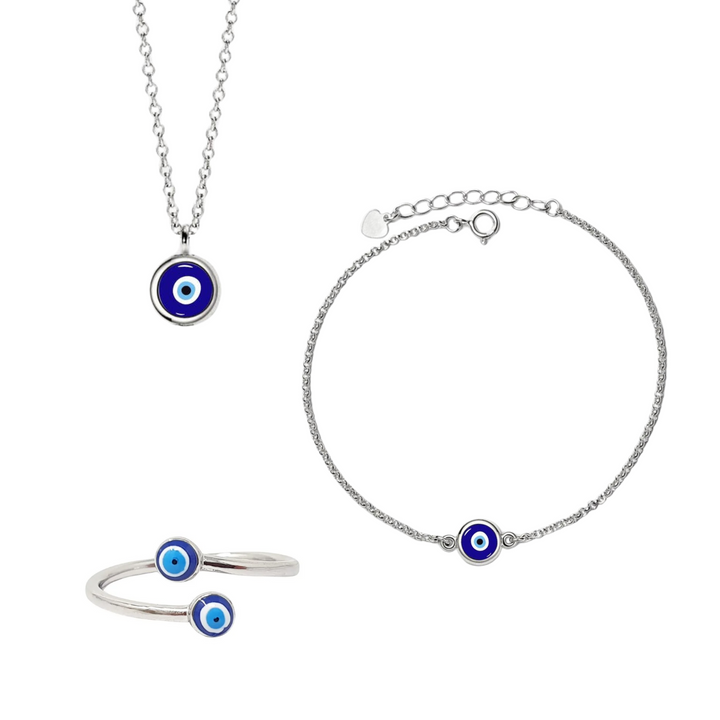 Evil Eye Sterling Silver Necklace Bracelet And Ring Gift Set For Her