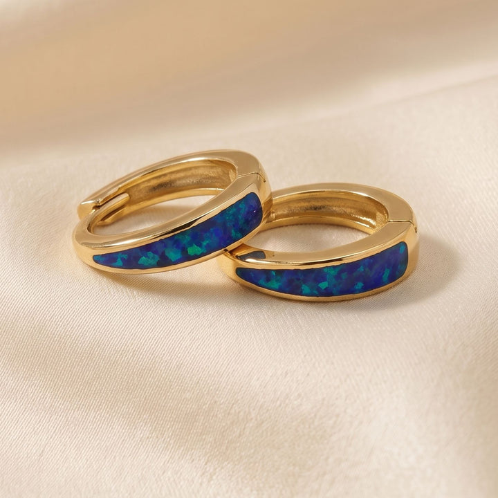 Deep Blue Opal Tapered Gold Plated Huggie Hoop Earrings
