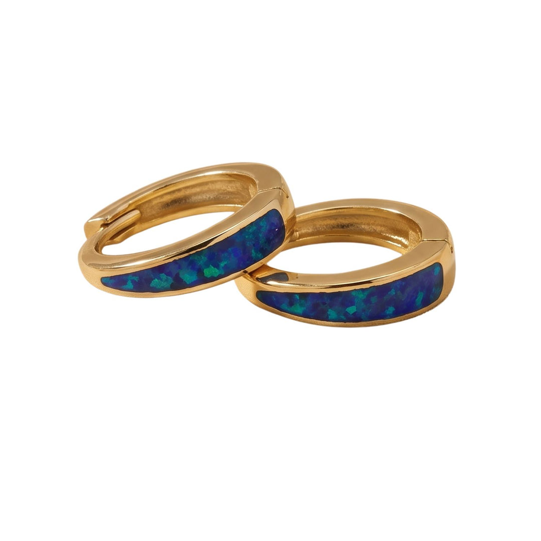 Deep Blue Opal Tapered Gold Plated Huggie Hoop Earrings