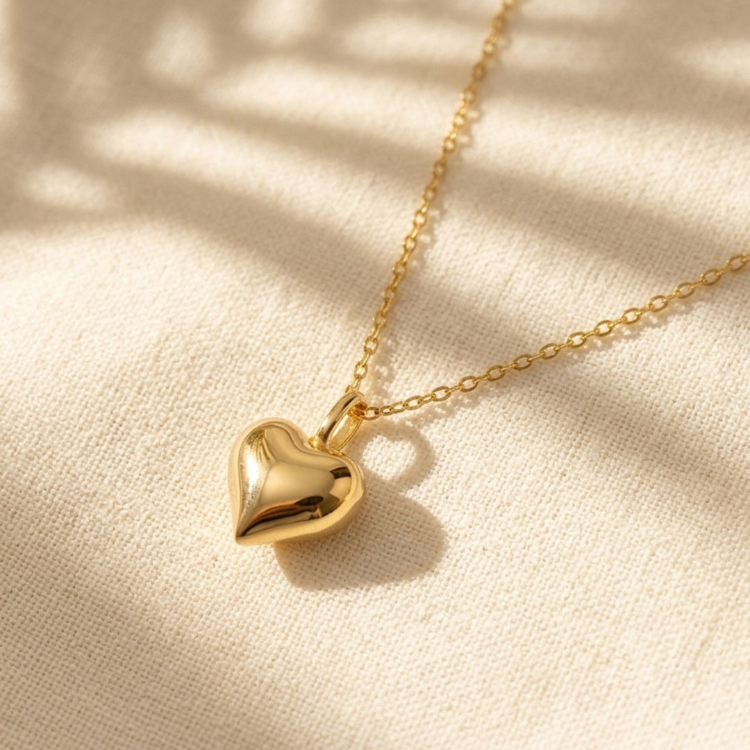 Gold Plated Puffed Heart Pendant Love Charm Necklace