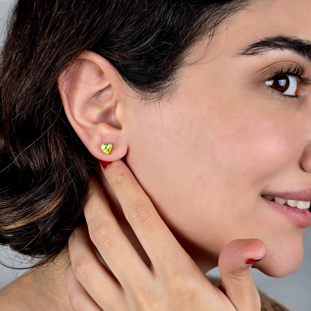 Peridot Heart August Birthstone Stud Earrings