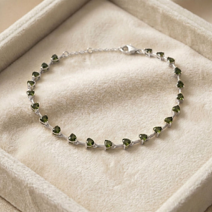 Peridot August Birthstone Heart Tennis Sterling Silver Bracelet