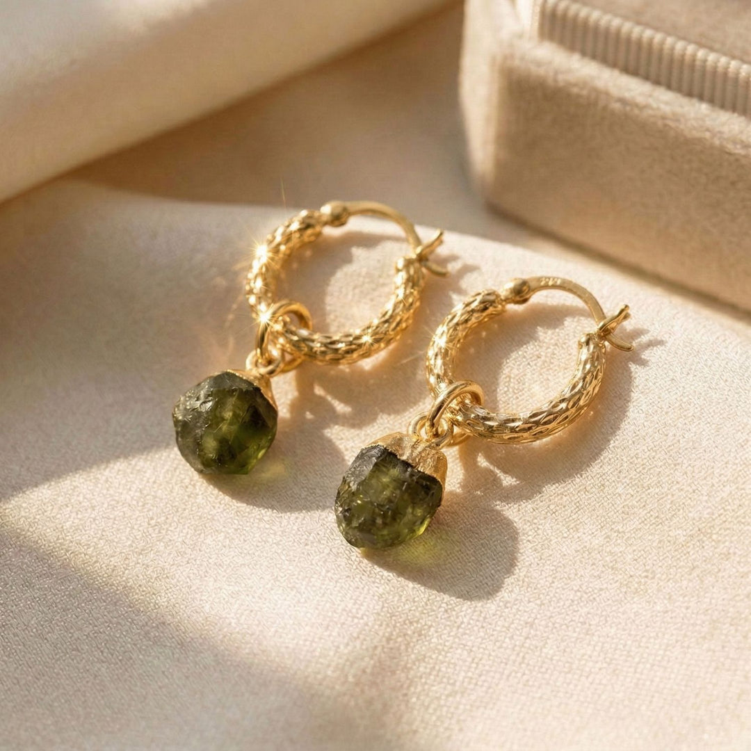 Raw Peridot August Birthstone Huggie Hoops Gold Vermeil Plated Gemstone Earrings