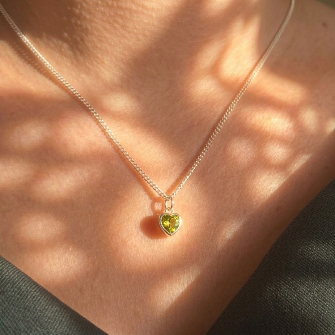 Mini Heart Silver Peridot August Birthstone Necklace