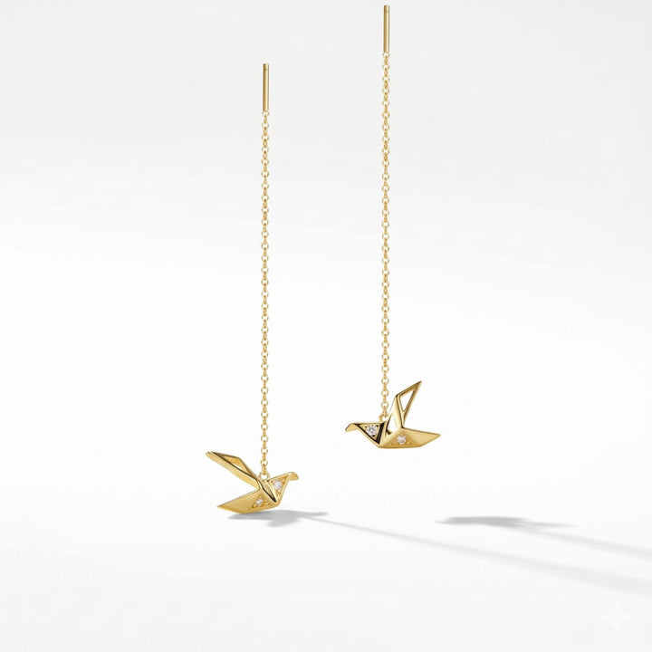 Origami Crane Japanese Threader Gold Plated Earrings