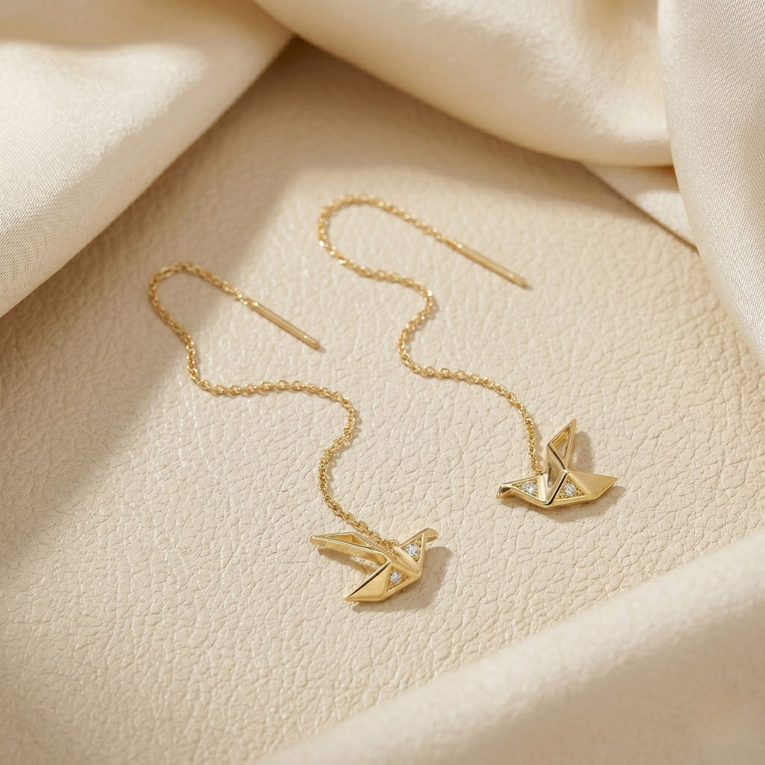 Origami Crane Japanese Threader Gold Plated Earrings