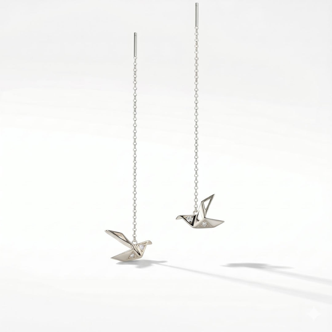 Origami Crane Japanese Threader Sterling Silver Earrings
