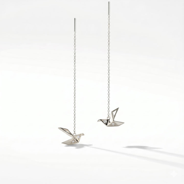 Origami Crane Japanese Threader Sterling Silver Earrings