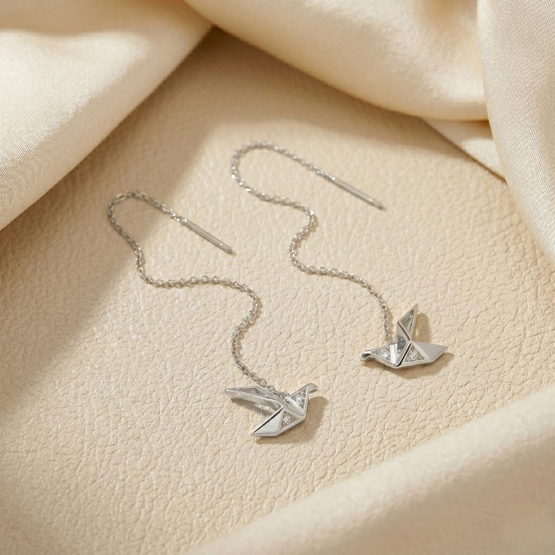 Origami Crane Japanese Threader Sterling Silver Earrings