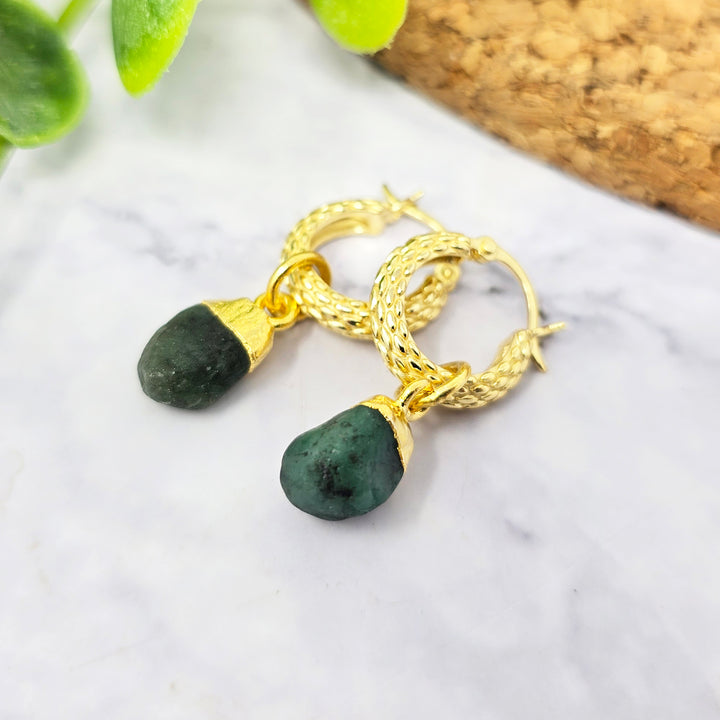 Raw Birthstone Huggie Hoops Gold Vermeil Plated Gemstone Earrings