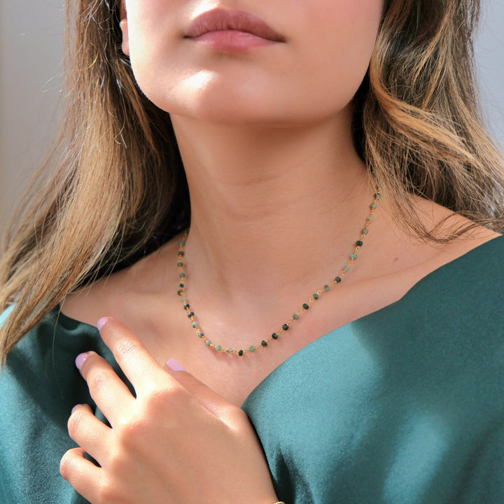 Raw Green Emerald Beaded Delicate Gold Plated Necklace