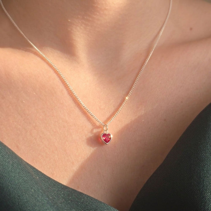 Mini Heart Silver Ruby July Birthstone Necklace