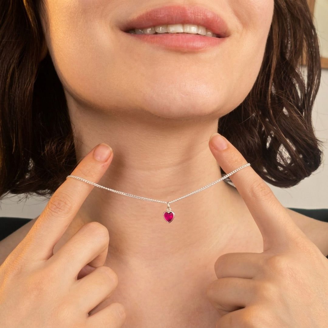 Mini Heart Silver Ruby July Birthstone Necklace