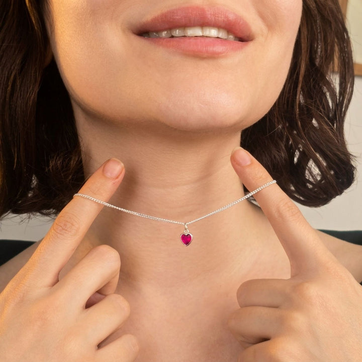 Mini Heart Silver Ruby July Birthstone Necklace