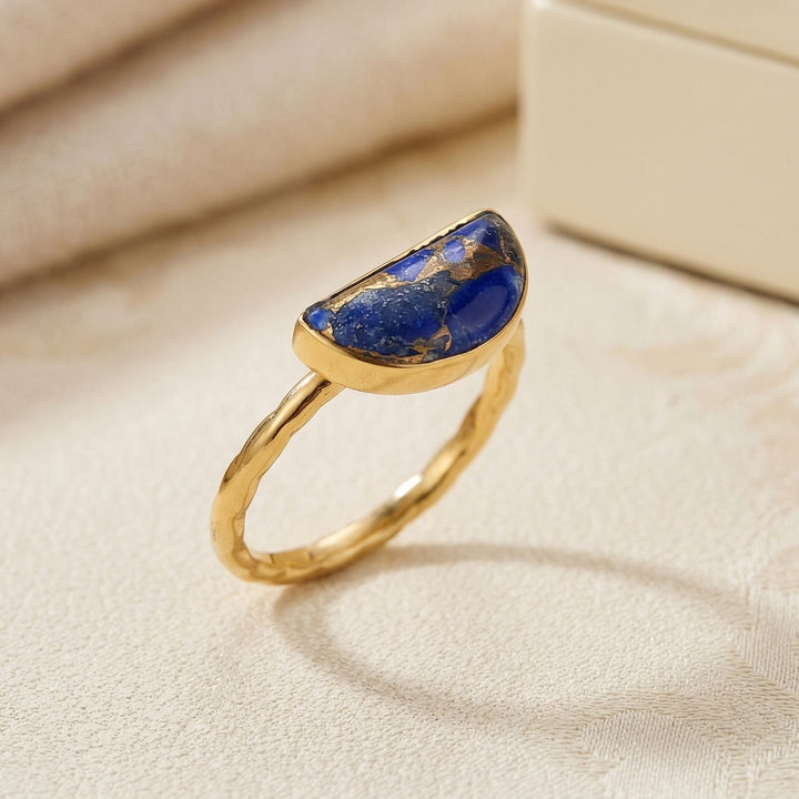 18ct Gold Vermeil Lapis Lazuli Gemstone Crystal Half Moon  Ring