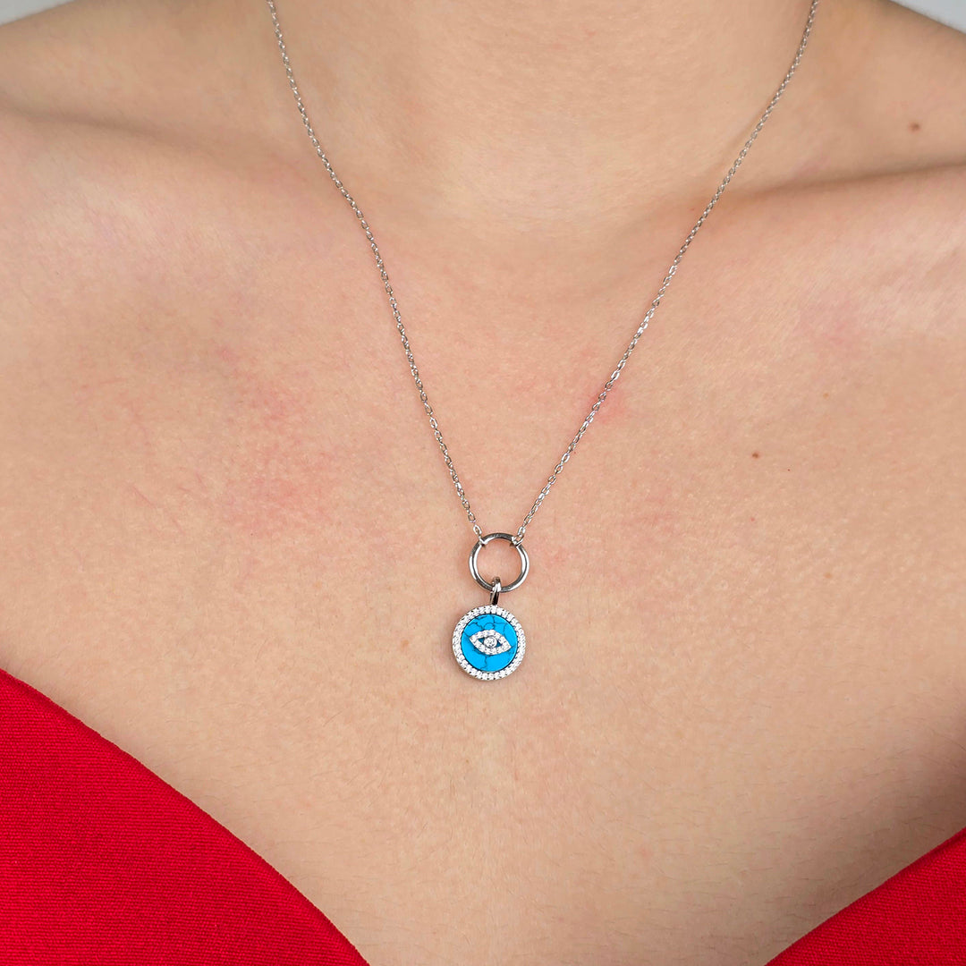 Silver Turquoise Evil Eye Pendant Charm Necklace