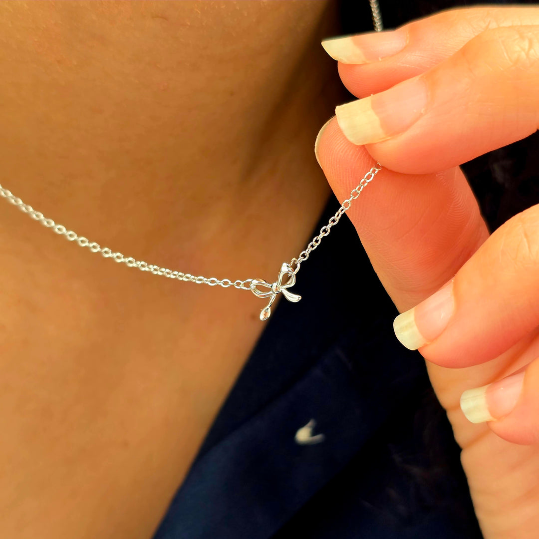 Tiny Small Bow Tie Ribbon Sterling Silver Necklace