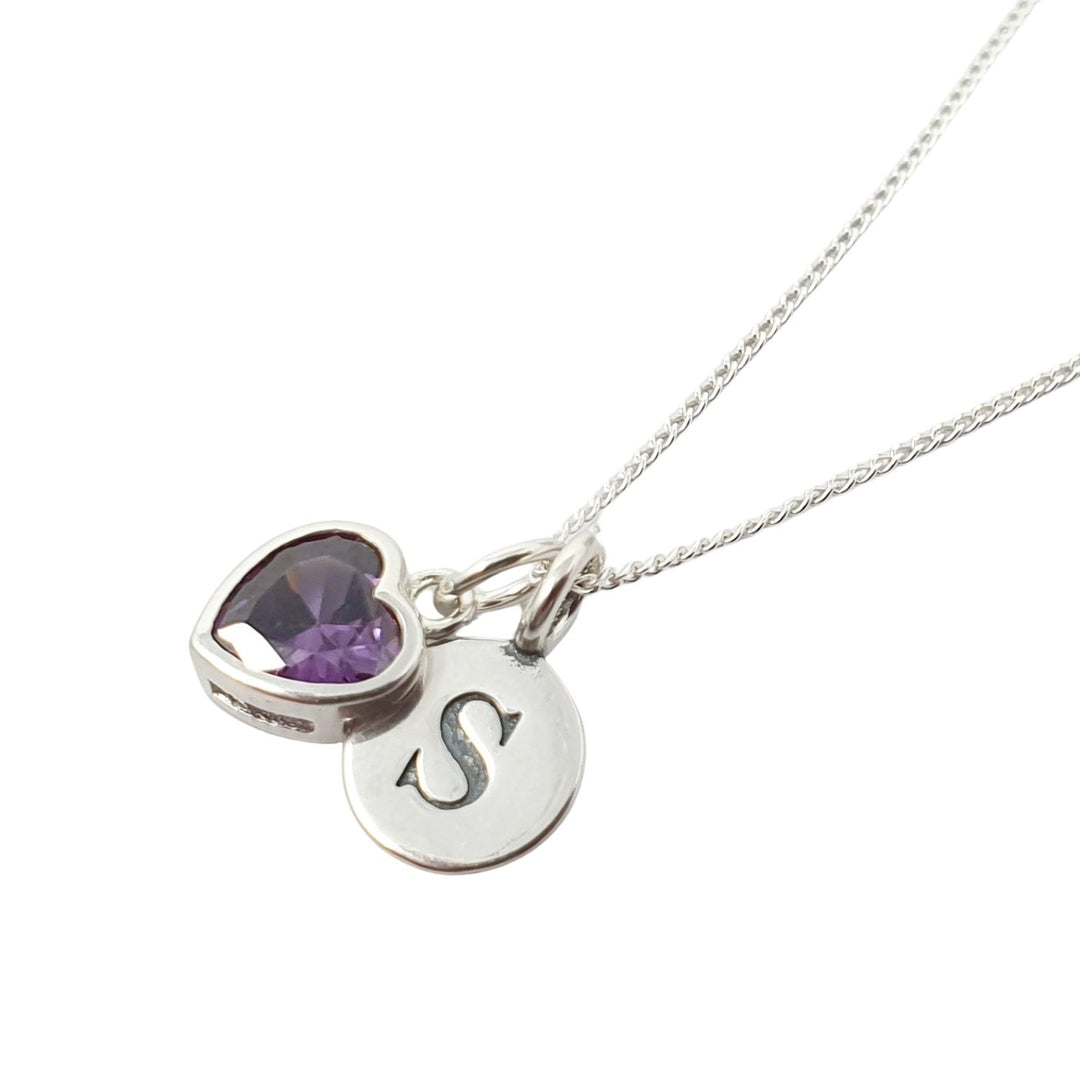 Mini Initial And Heart Birthstone Charm Silver Necklace