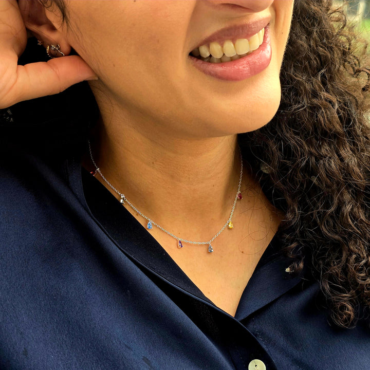 Vibrant Multi Colour Gemstone Teardrop Silver Necklace