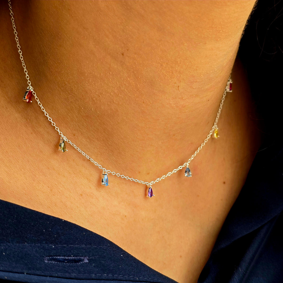Vibrant Multi Colour Gemstone Teardrop Silver Necklace