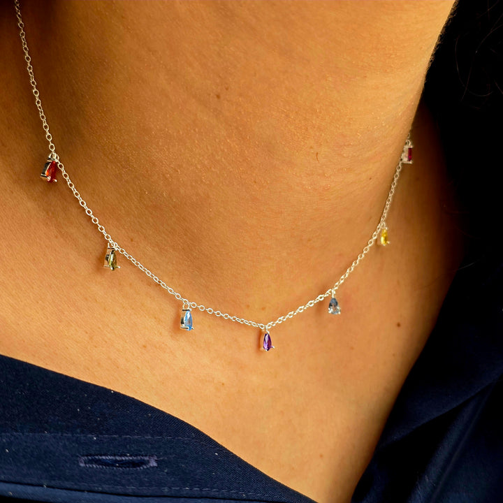 Vibrant Multi Colour Gemstone Teardrop Silver Necklace