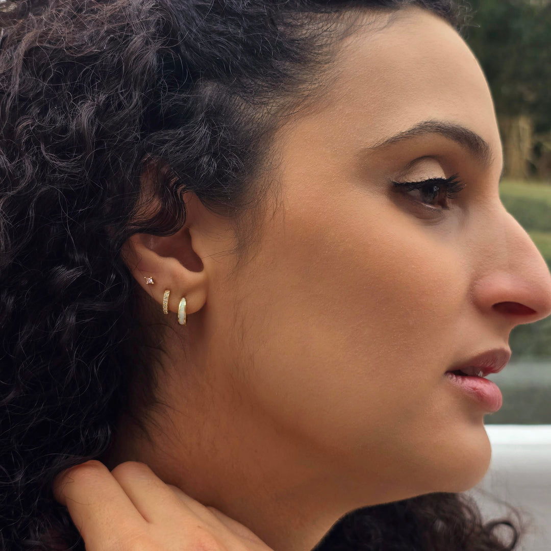 White Opal Tapered Gold Plated Huggie Hoop Earrings