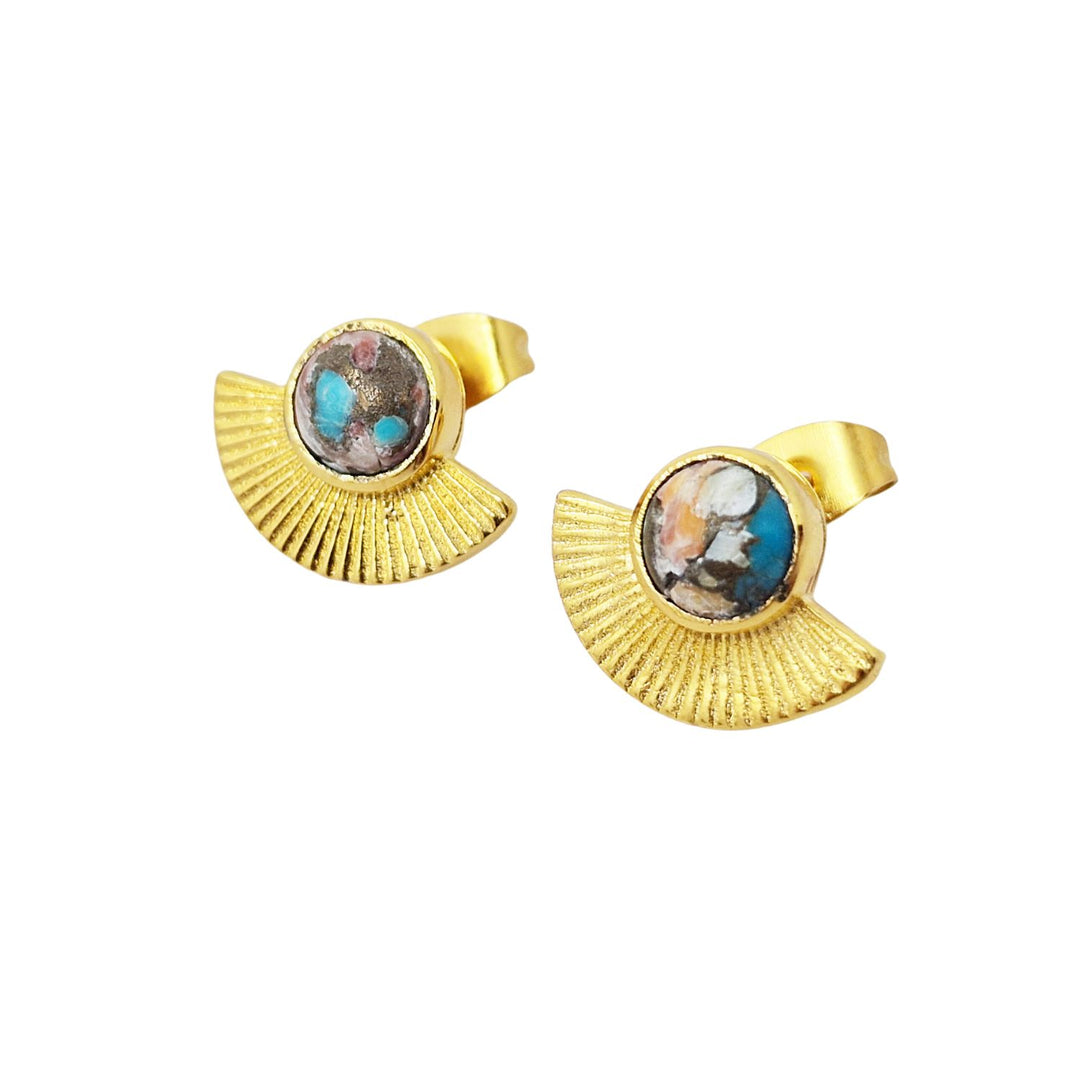 Pink Opal Turquoise Gold Plated Small Fan Earrings
