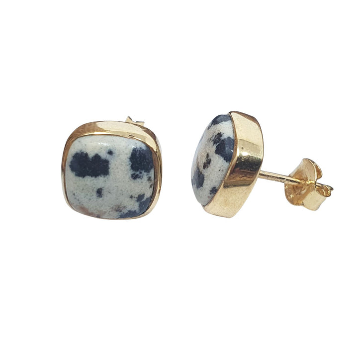 18ct Gold Vermeil Plated Dalmatian Jasper Stud Mini Gemstone Earrings