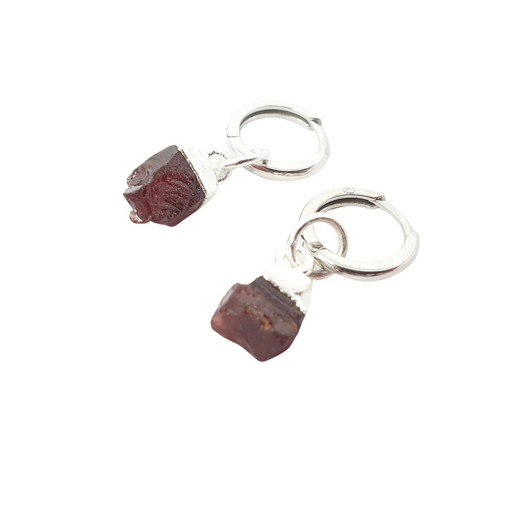 Raw Garnet January Birthstone Sterling Silver Huggies