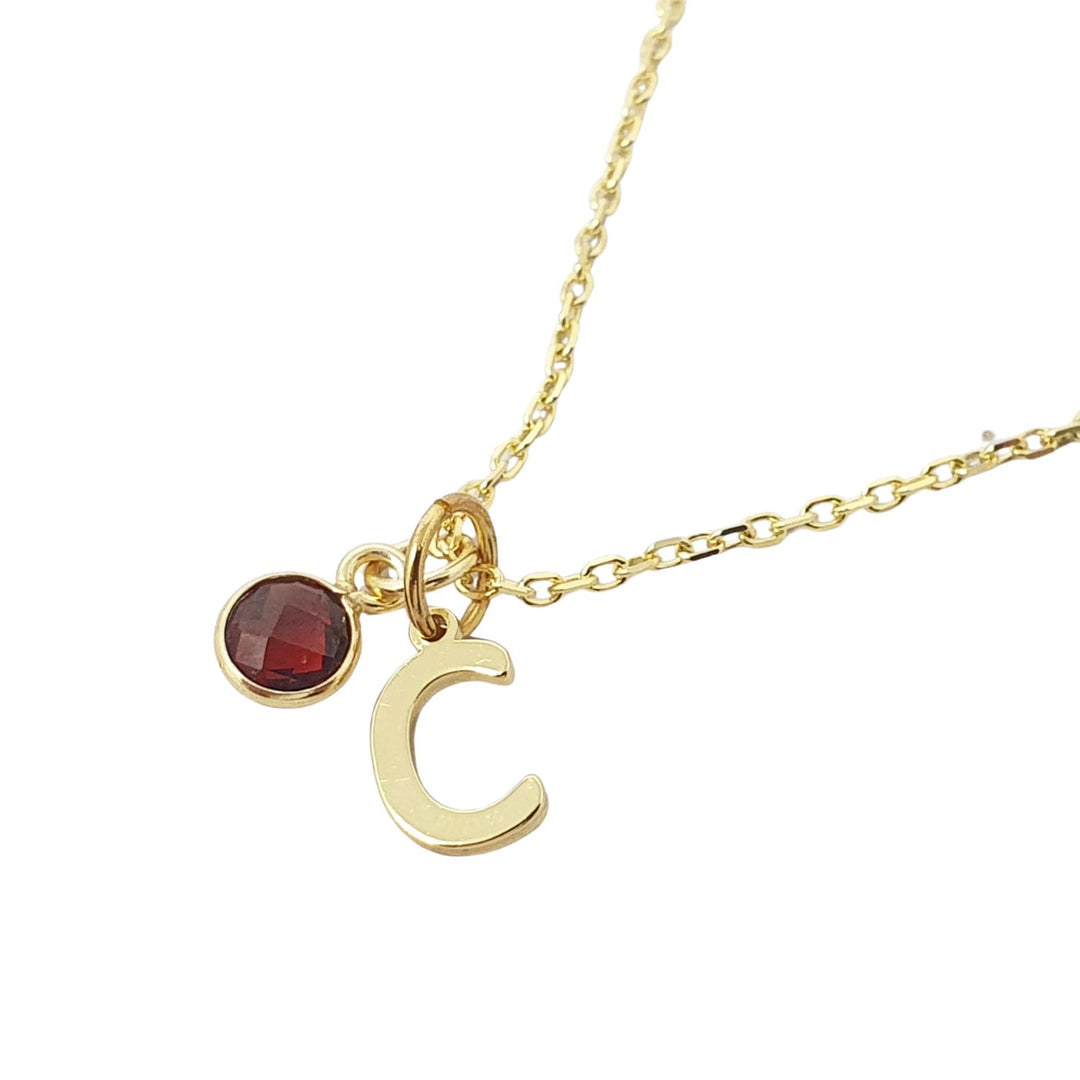 Mini Garnet January Birthstone Gem And Initial Gold Plated Necklace