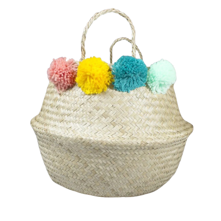 Folding Natural Toy Organiser Basket With Colourful Pompoms