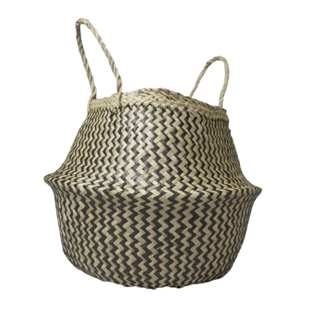 Folding Black Patterned Seagrass Storage Belly Basket