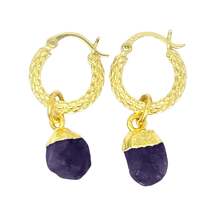 Raw Amethyst February Birthstone Huggie Hoops Gold Vermeil Plated Gemstone Earrings