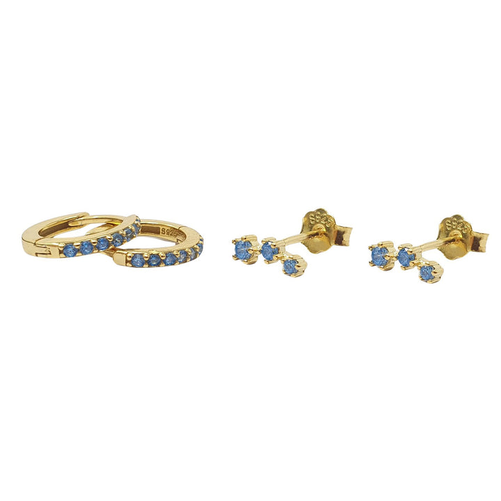 Aquamarine March Birthstone Earring Gift Set: Small Huggie Hoops and Climber Studs