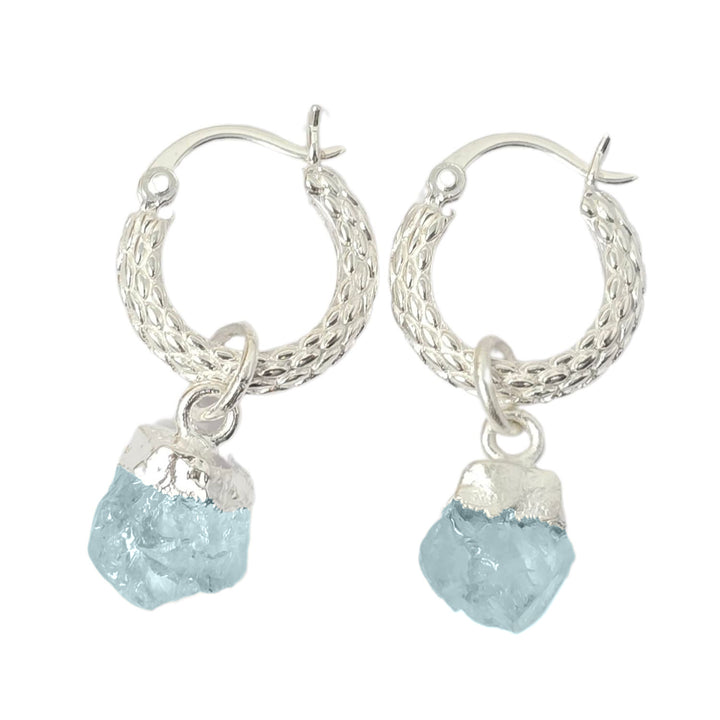 Raw Aquamarine March Birthstone Huggie Hoops Sterling Silver Gemstone Earrings