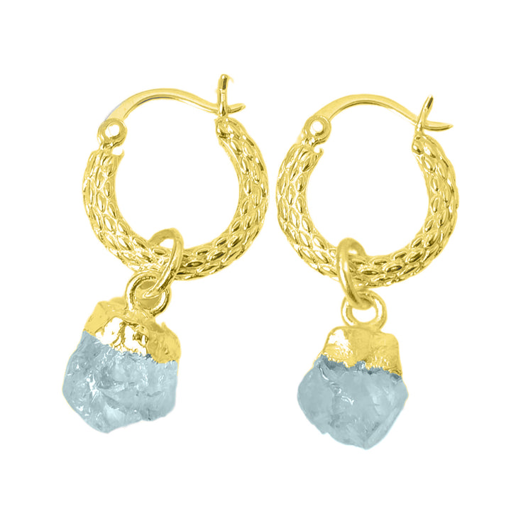 Raw Aquamarine March Birthstone Huggie Hoops Gold Vermeil Plated Gemstone Earrings