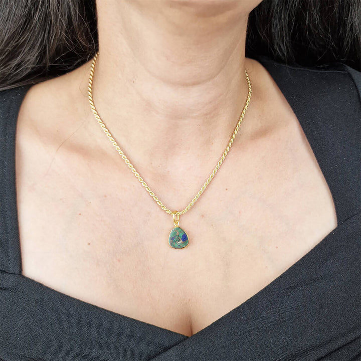 Statement Gold Vermeil Plated Azurite And Malachite Gemstone Crystal Rope Necklace