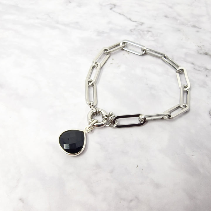 Shiny Black Onyx Healing Crystal Silver Bracelet