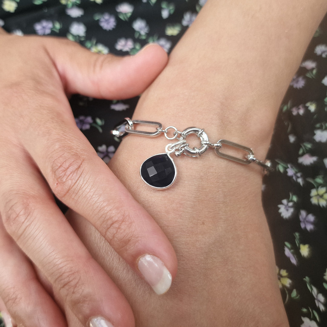 Shiny Black Onyx Healing Crystal Silver Bracelet