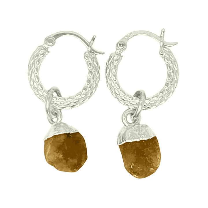 Raw Citrine November Birthstone Huggie Hoops Sterling Silver Gemstone Earrings