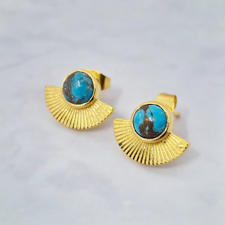 Turquoise December Birthstone Gold Plated Small Fan Earrings